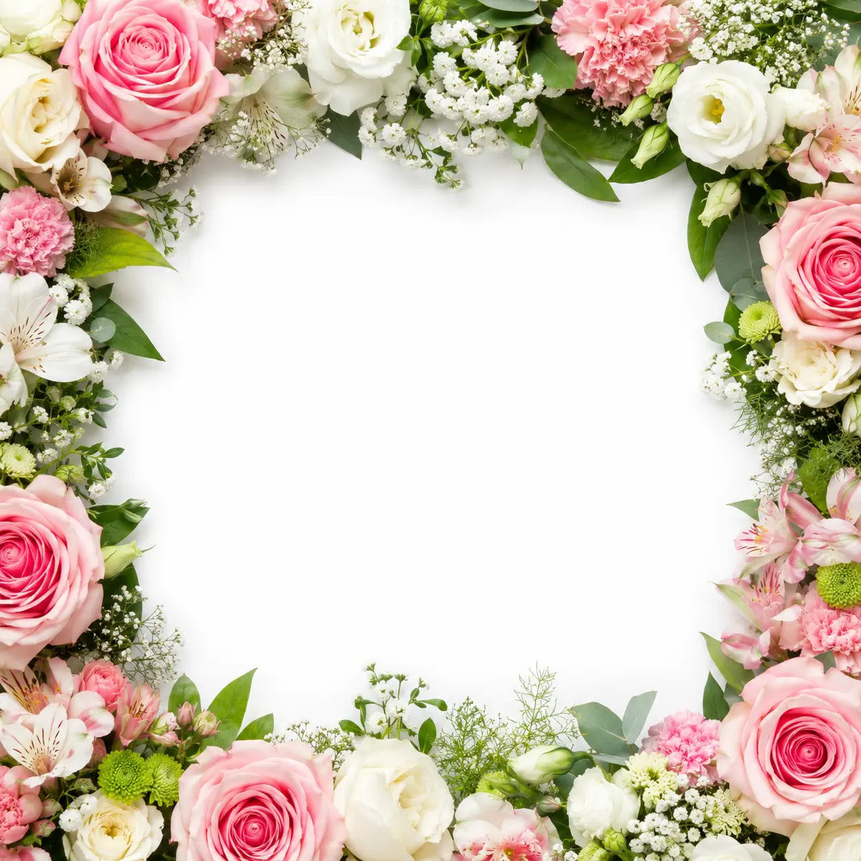 Pink and white roses, carnations, and greenery form a floral border around an open center.