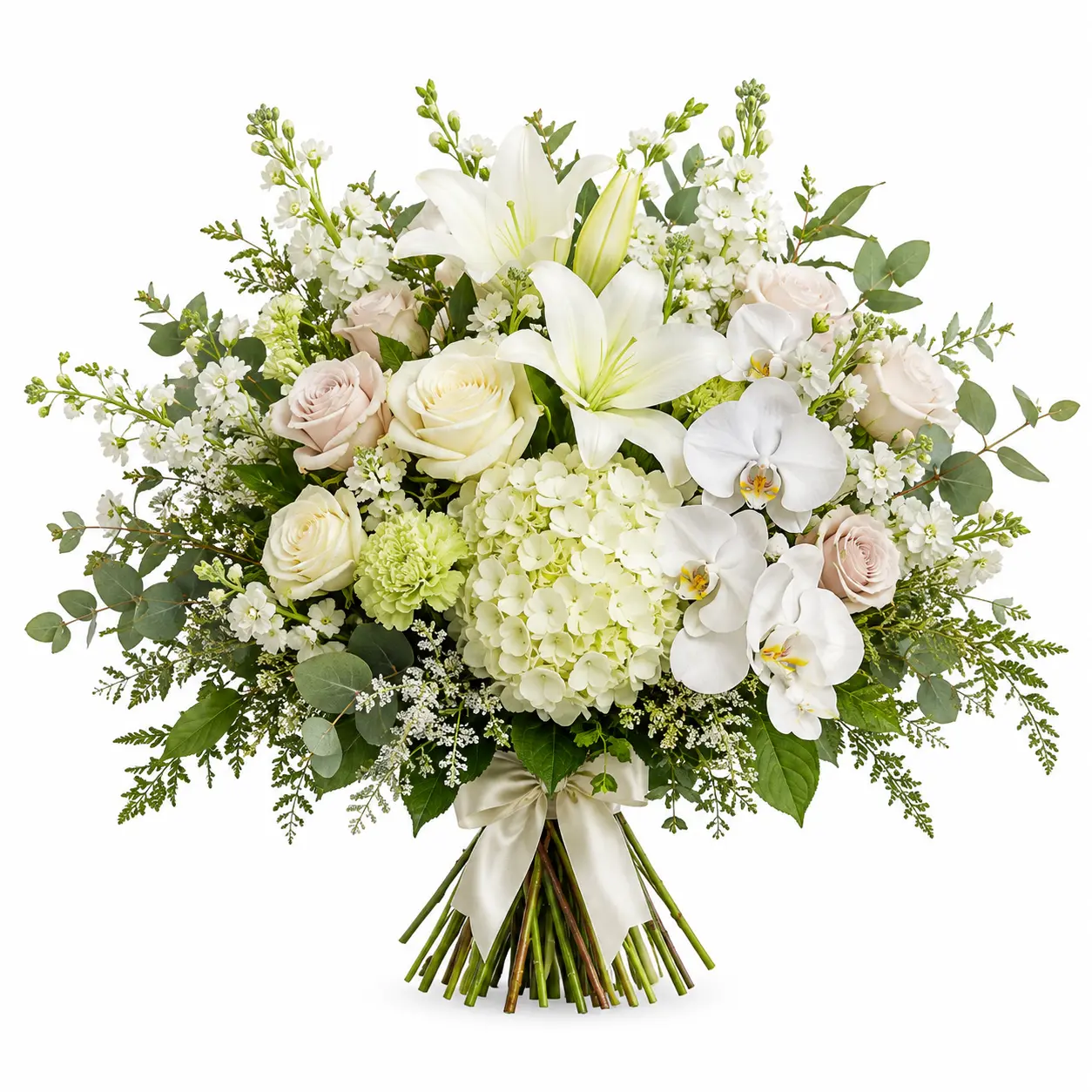 Large white floral bouquet with lilies, roses, orchids, hydrangeas, and greenery.