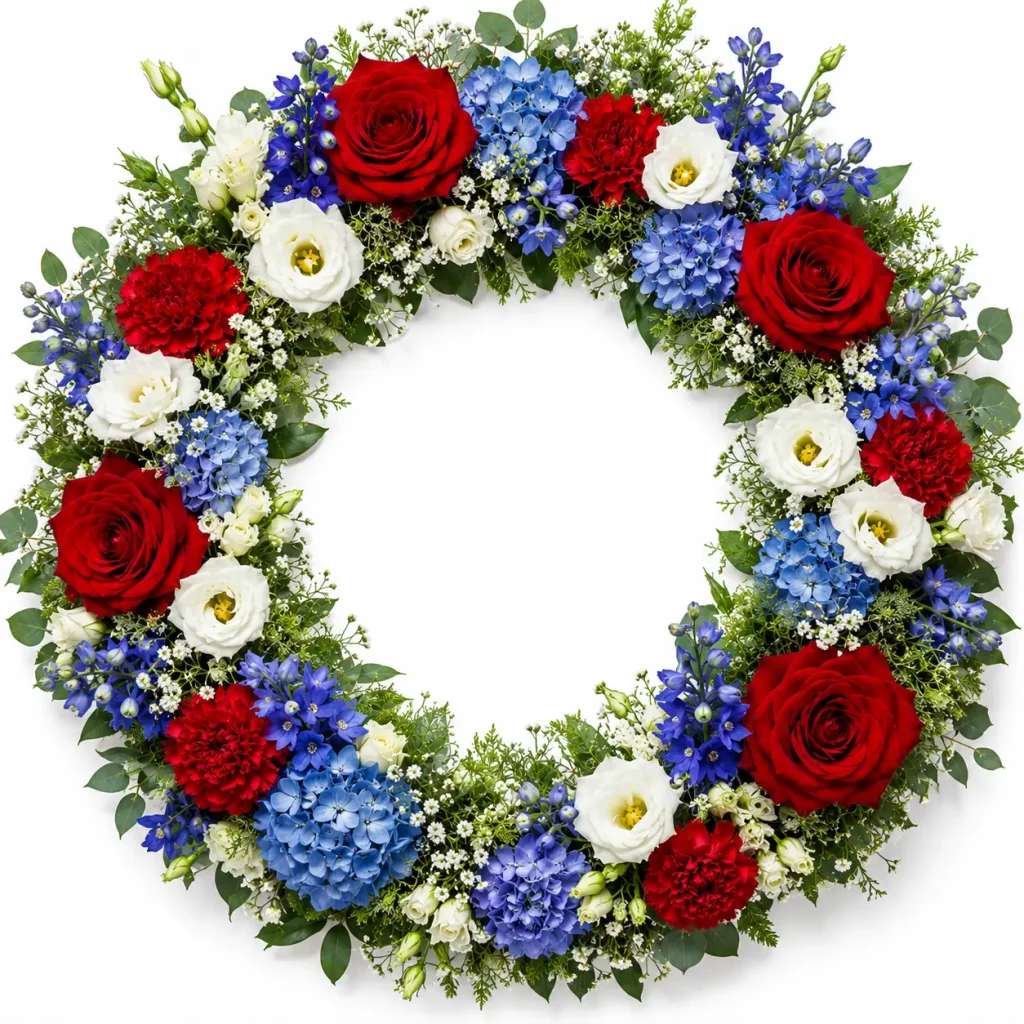 Circular floral wreath with red roses, white flowers, blue delphinium and hydrangeas, and greenery.